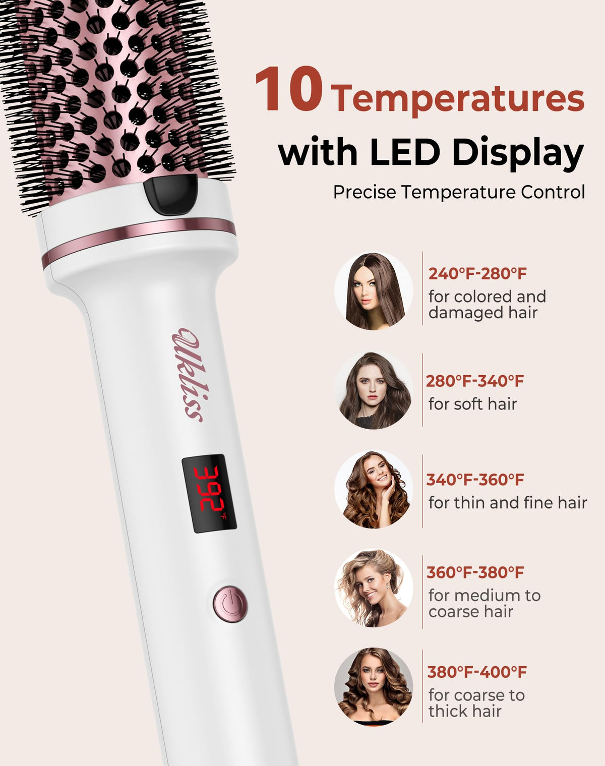 UKLISS Thermal Brush LED display showing 9 heat settings