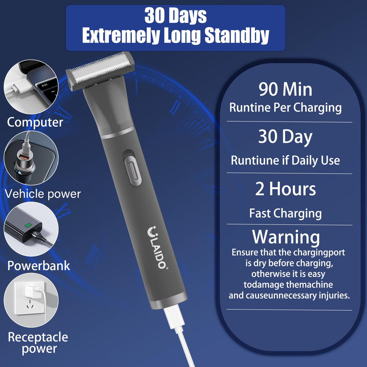 ULAIDO long-lasting runtime up to 90 minutes after a 30-minute charge.