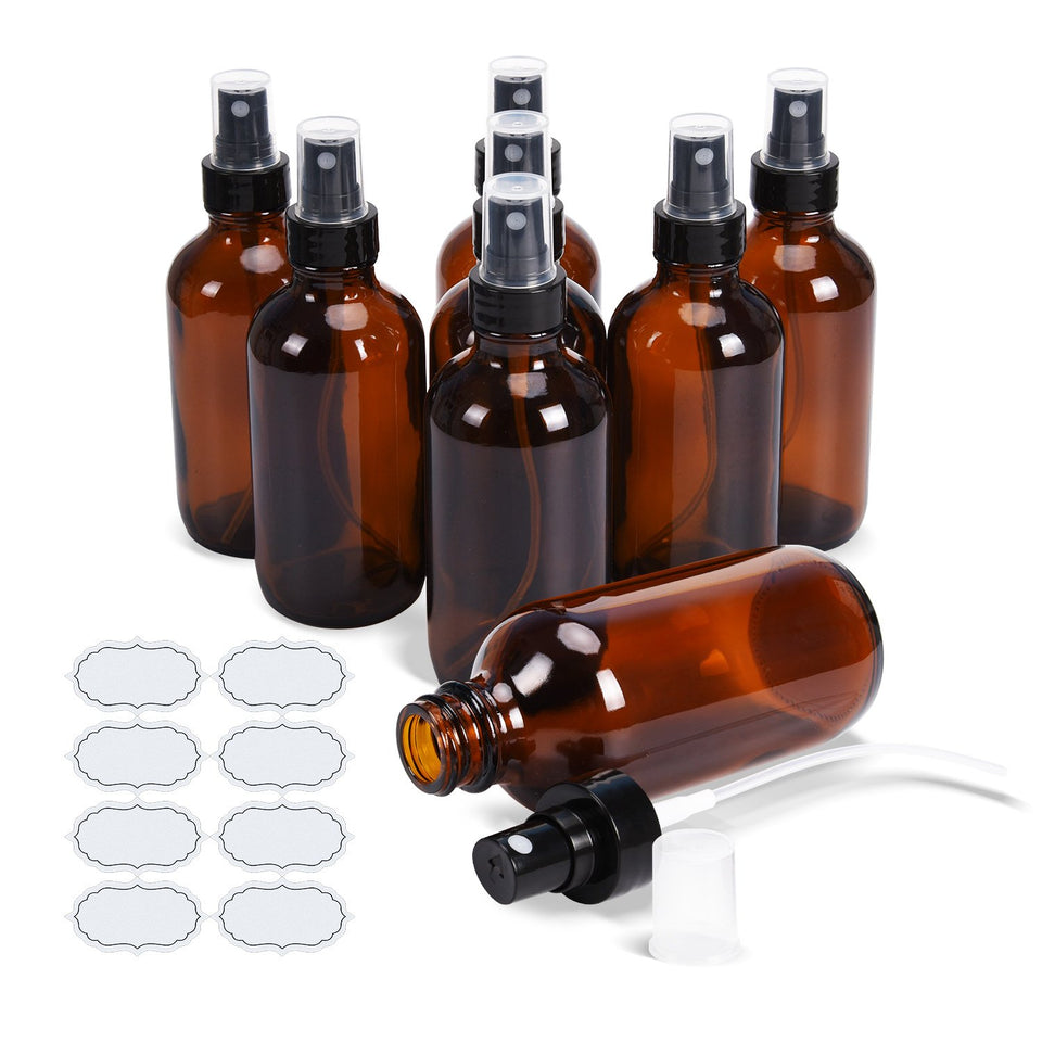 ULG fine mist sprayers on amber glass bottle for travel-friendly aromatherapy use.