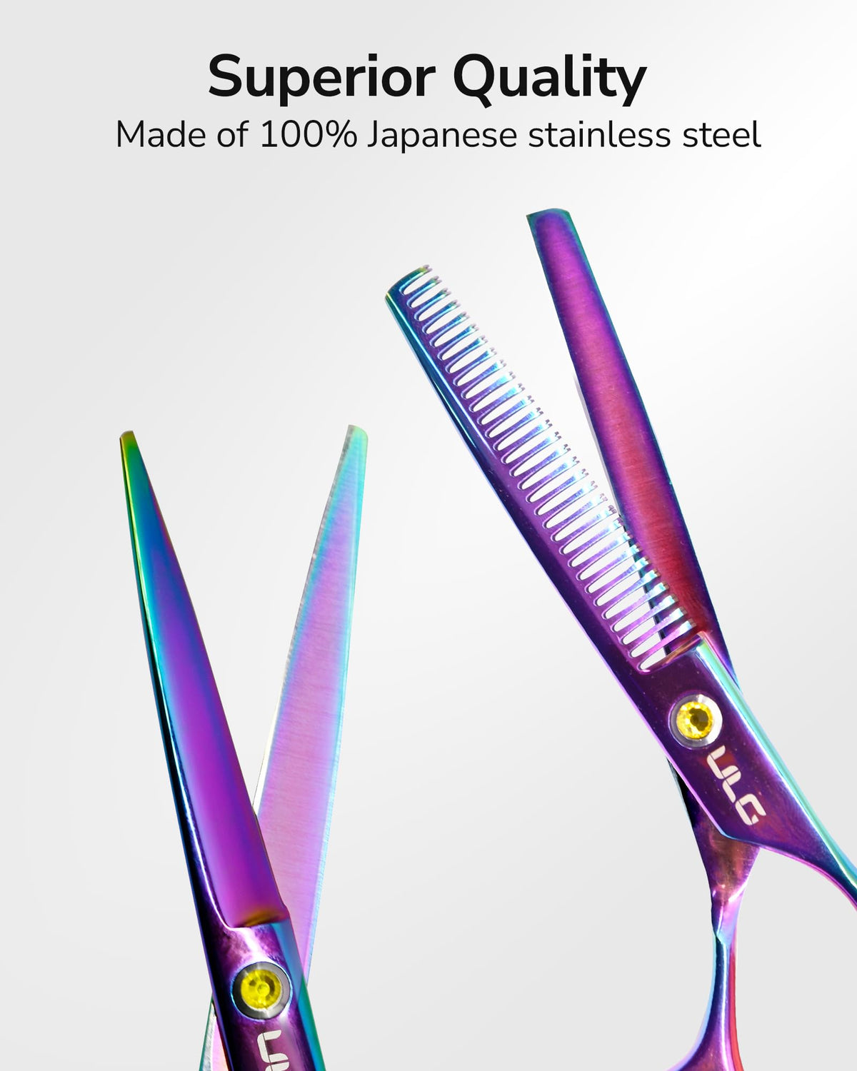 ULG scissors show blue diamond stones at the joint for premium feel