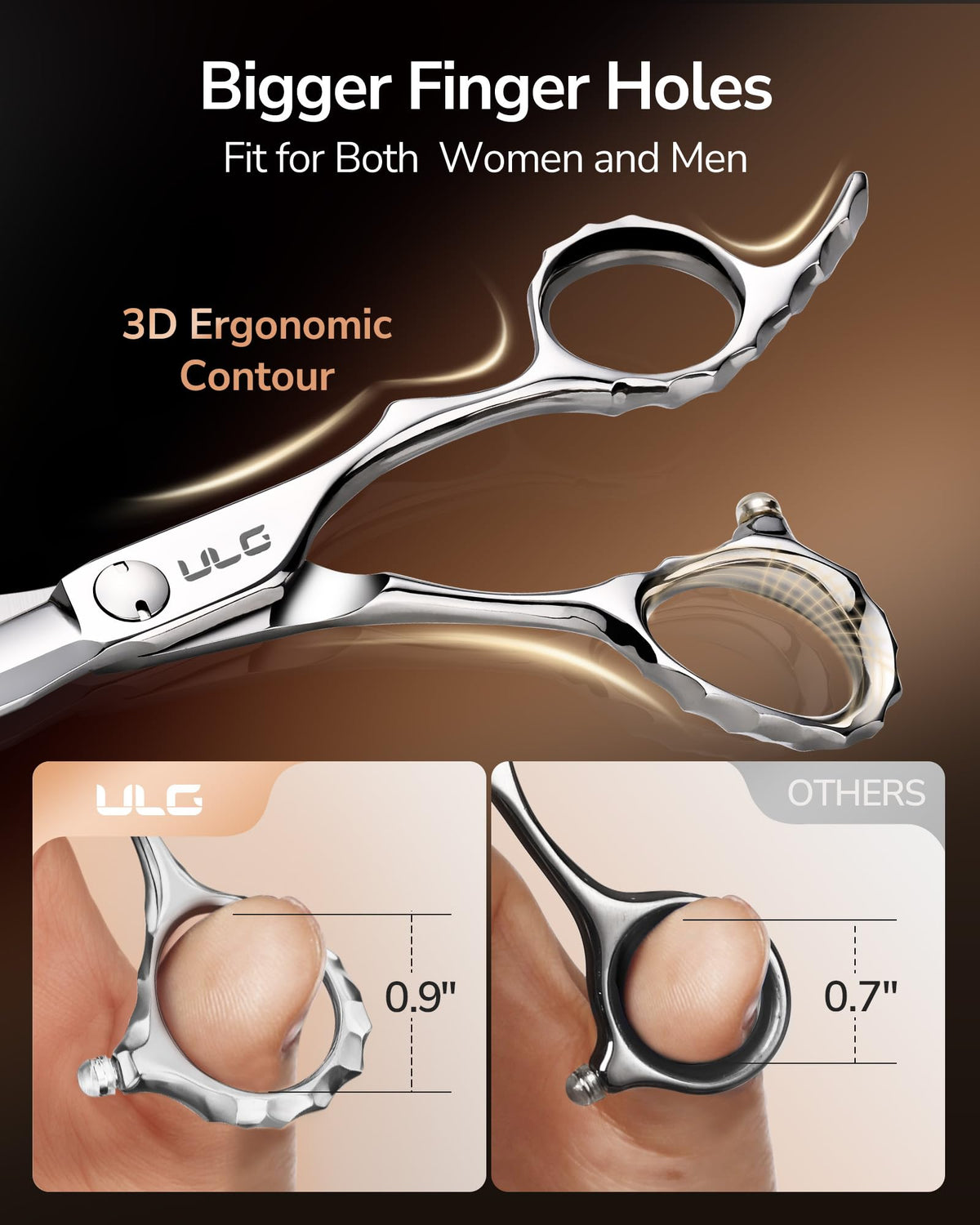 ULG right-handed barber scissors fit larger finger holes for extended comfort.