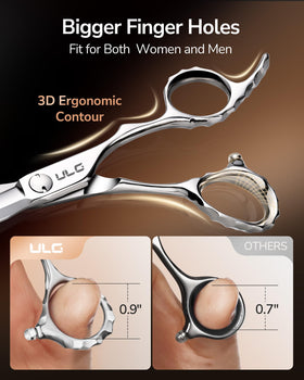 ULG right-handed barber scissors fit larger finger holes for extended comfort.