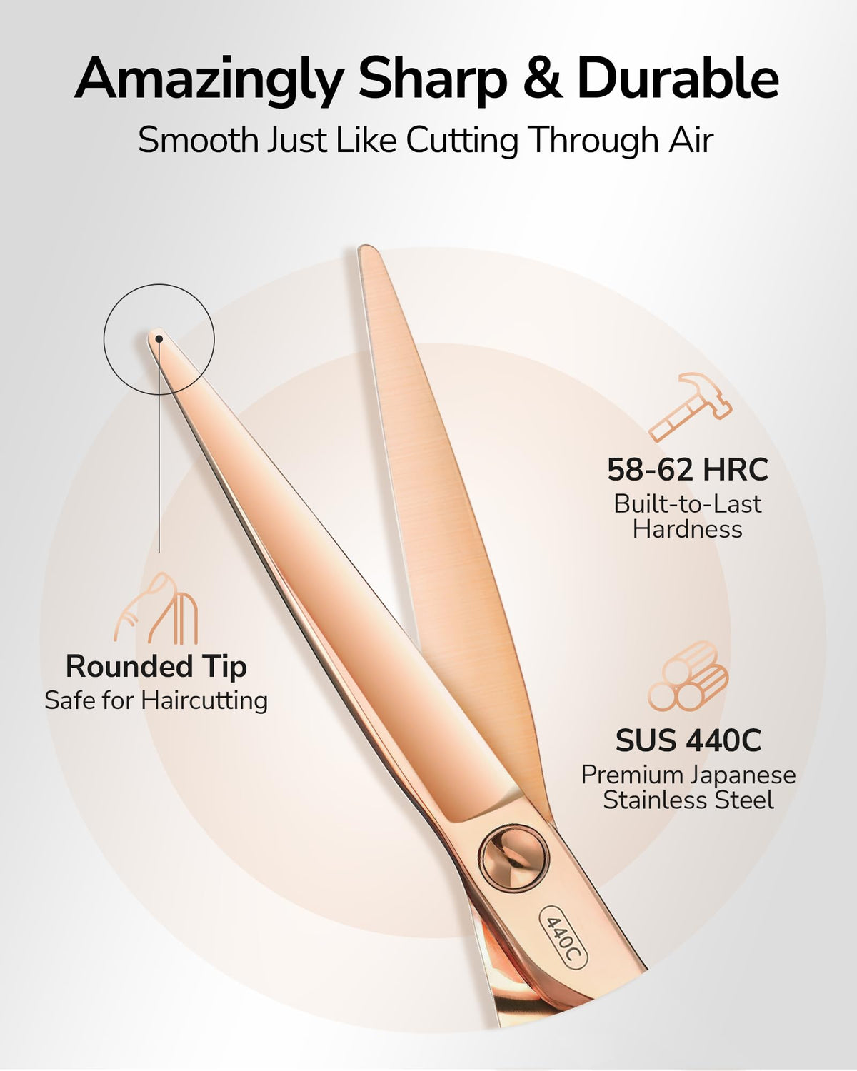 ULG rose gold barber scissors convex edge for smooth, razor-like performance.