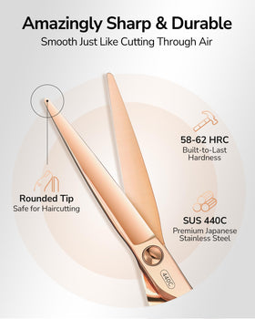 ULG rose gold barber scissors convex edge for smooth, razor-like performance.