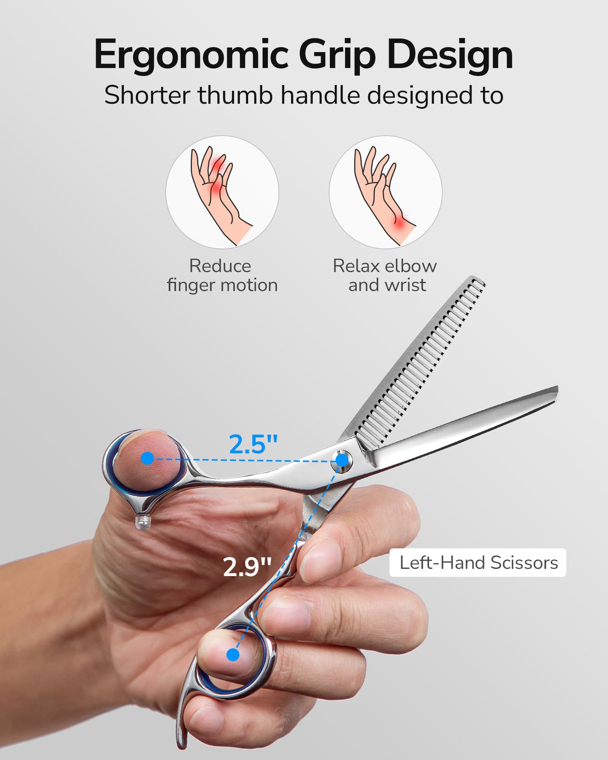 ULG thinning shears with blue sapphire pivot for stylish, accurate texture.