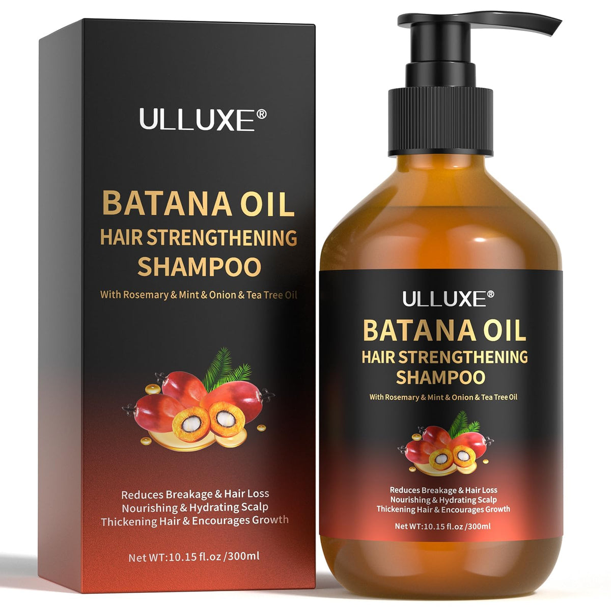 Ulluxe Batana Oil Shampoo bottle showing nourishing formula for stronger, healthier hair.