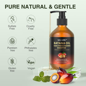 Ulluxe Batana Oil Shampoo label closeup highlighting vegan, sulfate-free care for color-treated hair.