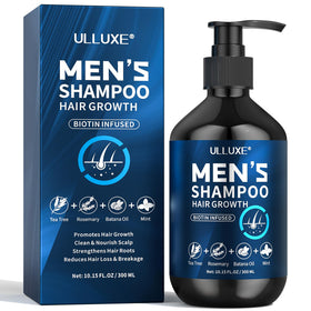 ulluxe biotin hair growth shampoo for men bottle front view showing thicker hair