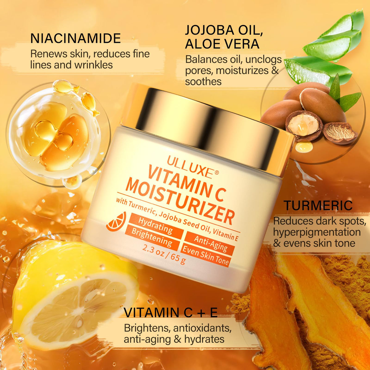 Illustration-like roundup of turmeric, vitamin C, and hydrating ingredients in ulluxe cream