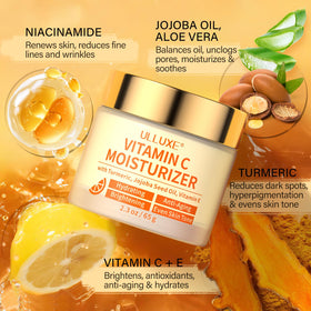 Illustration-like roundup of turmeric, vitamin C, and hydrating ingredients in ulluxe cream