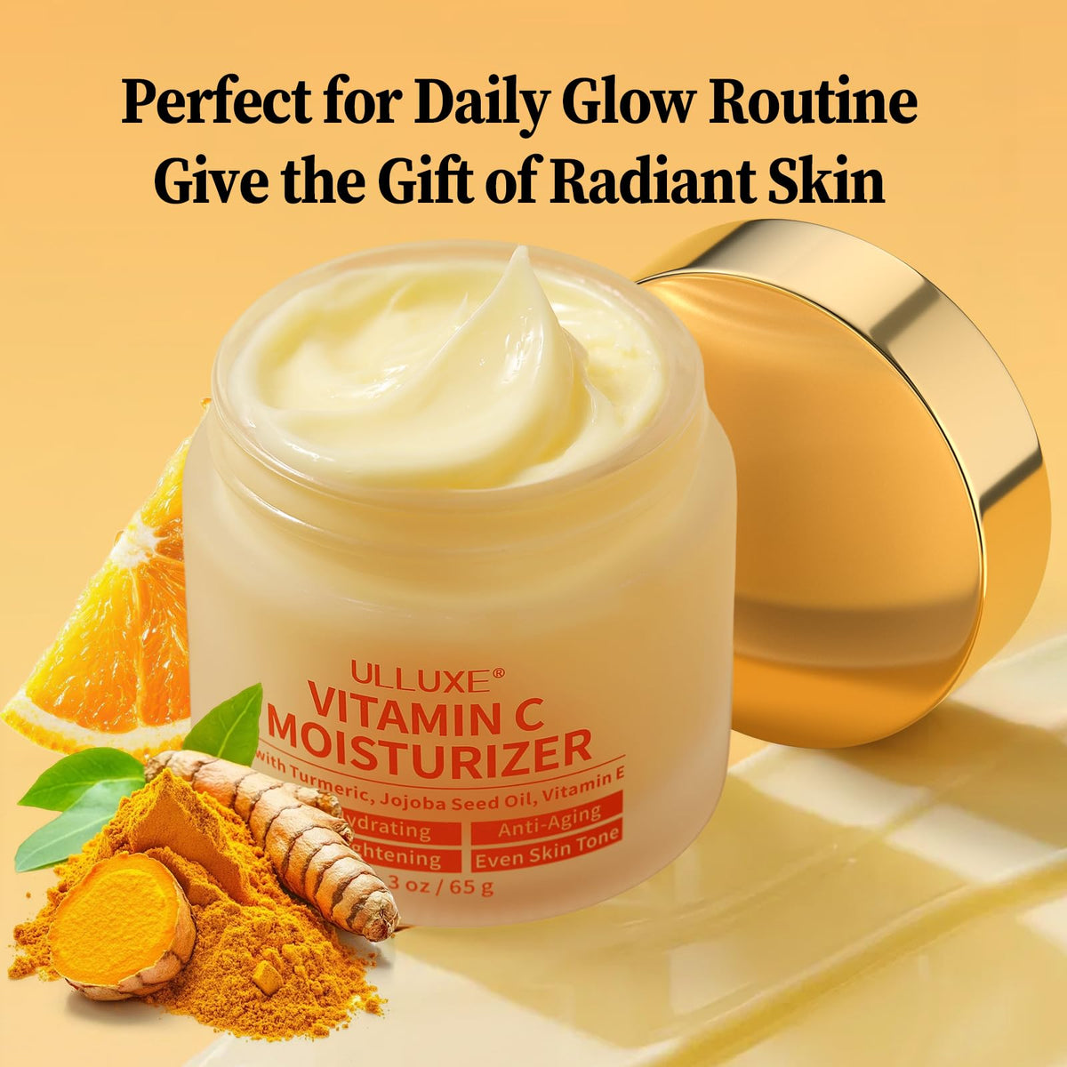 Closeup of ulluxe turmeric-infused Vitamin C cream on skin for radiance