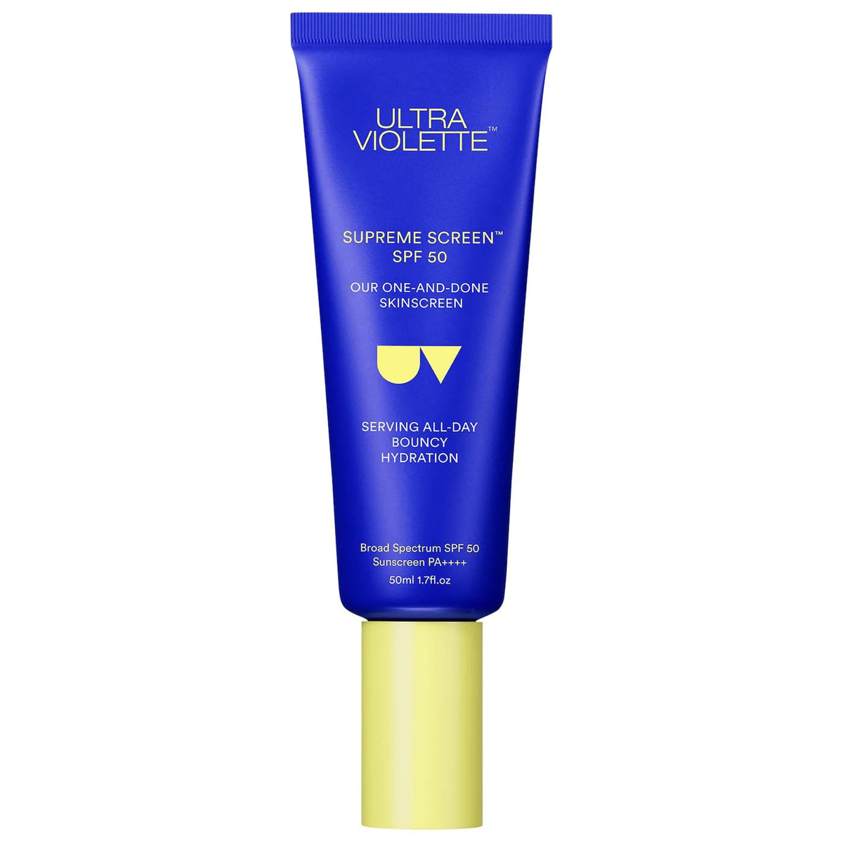 Ultra Violette Supreme Screen bottle demonstrates SPF 50 protection and hydration.