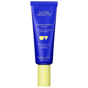 Ultra Violette Supreme Screen bottle demonstrates SPF 50 protection and hydration.