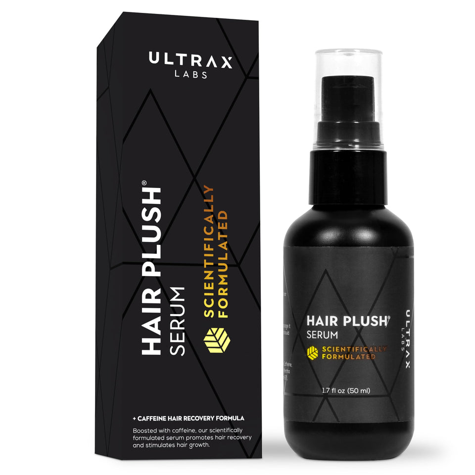 Ultrax Labs Hair Plush Serum bottle with label for at-home use.