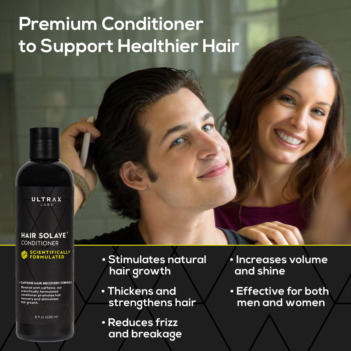 Ultrax Labs Hair Solaye Conditioner bottle on counter, inviting detangling.