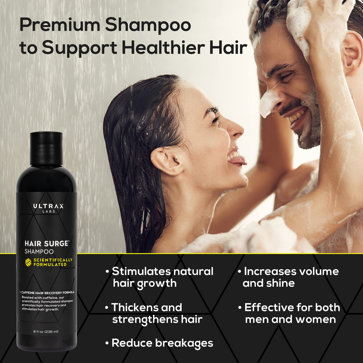 Scalp massage scene with Ultrax Labs Hair Surge suggesting a refreshing tingling sensation.