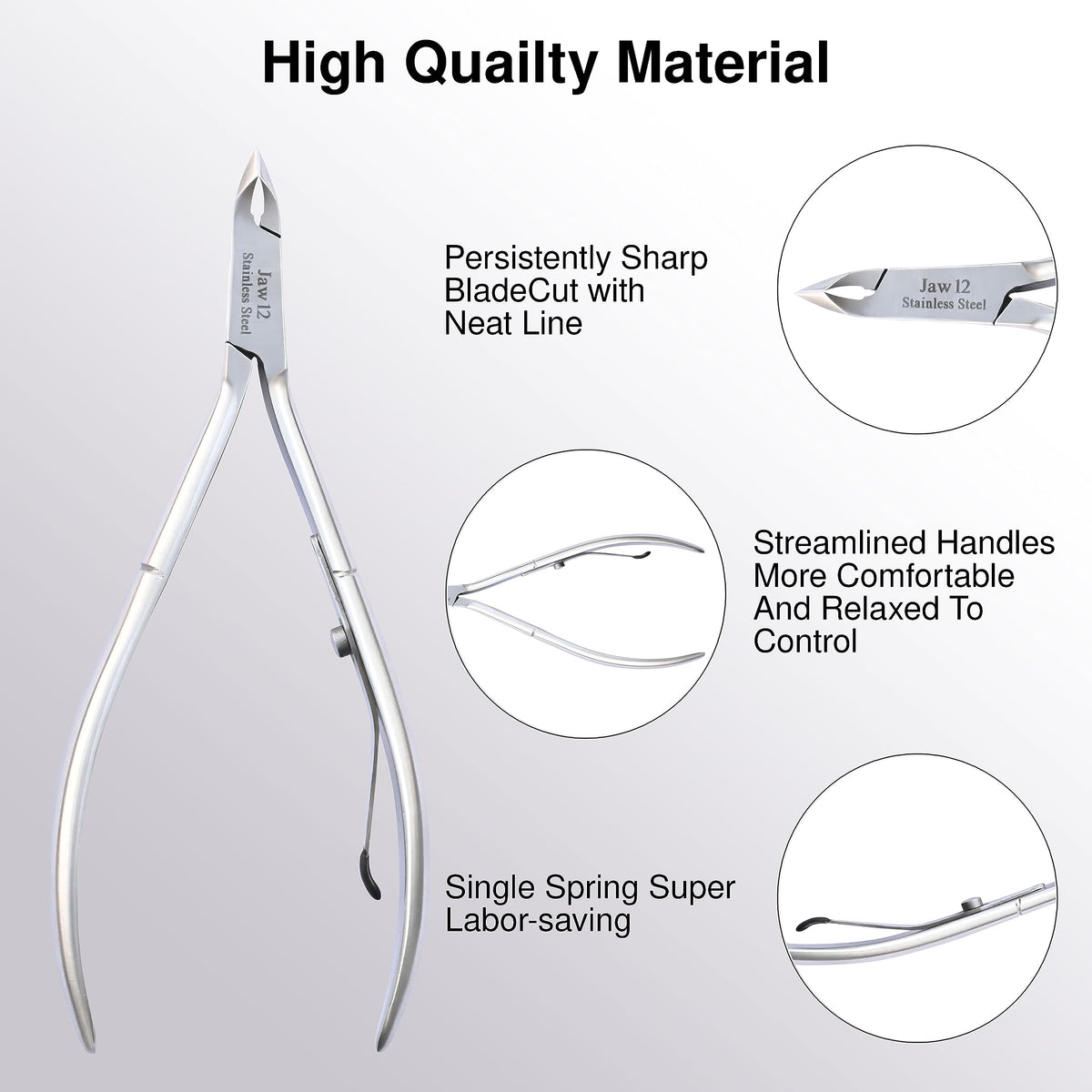 UM Supplies Cuticle Trimmer ergonomic handle offers a comfortable, controlled grip.
