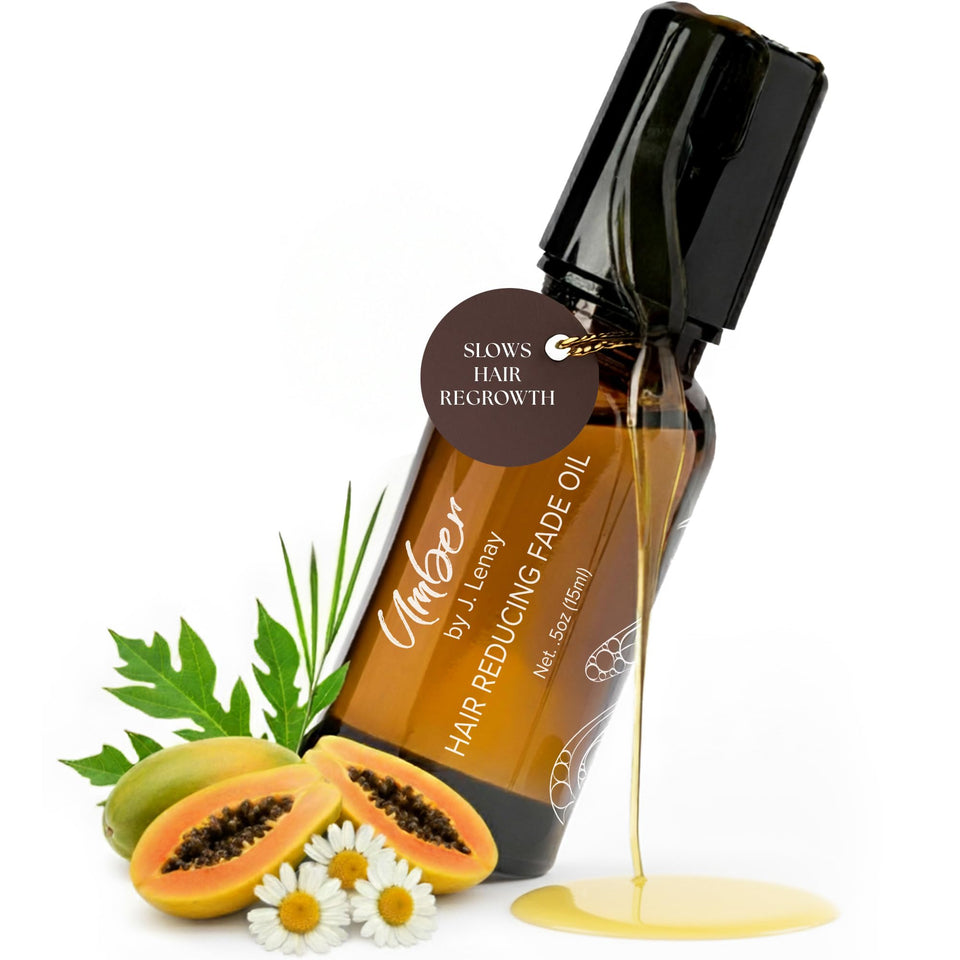 Umber By J. Lenay Fade Oil bottle, ready for daily facial hair reduction.