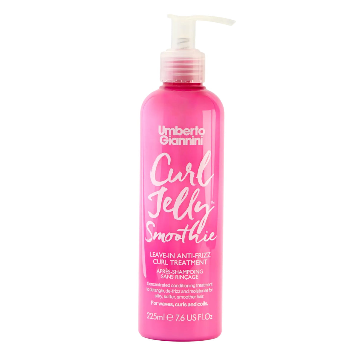 Umberto Giannini Curl Jelly Smoothie bottle shows lightweight hydration for defined curls.