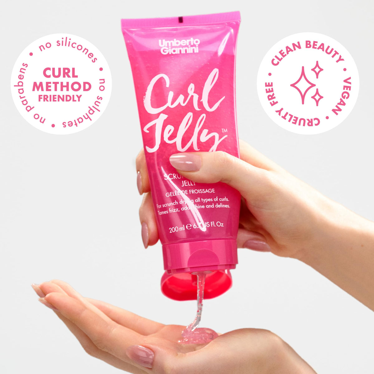 Close-up of Curl Jelly texture on hand highlighting silicone-free formula.