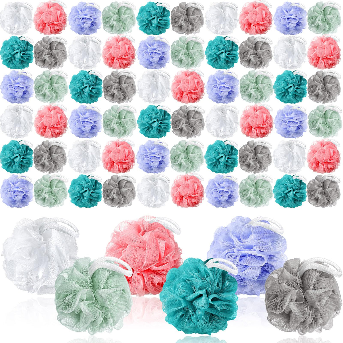 Umigy bath loofah 36-piece multi-color bulk pack for gentle exfoliation and quick lather.
