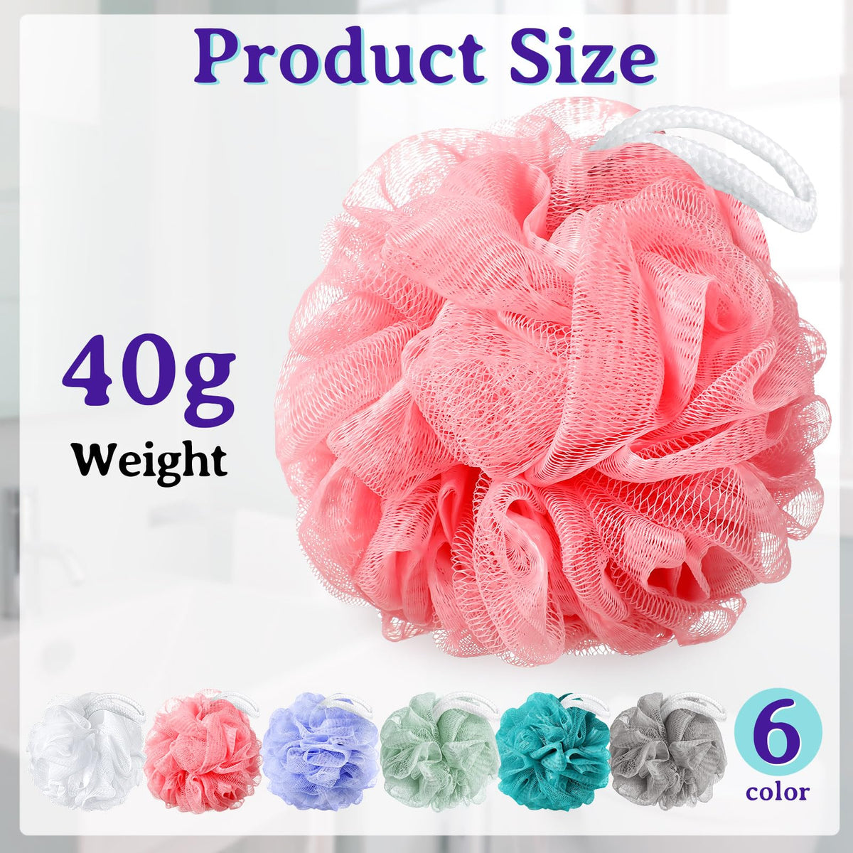 Umigy shower loofah with a hanging lanyard for easy drying after use.