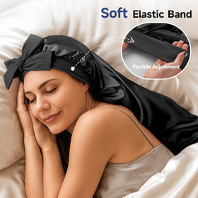Umisleep bonnet on bed demonstrates elegant protection during skincare.
