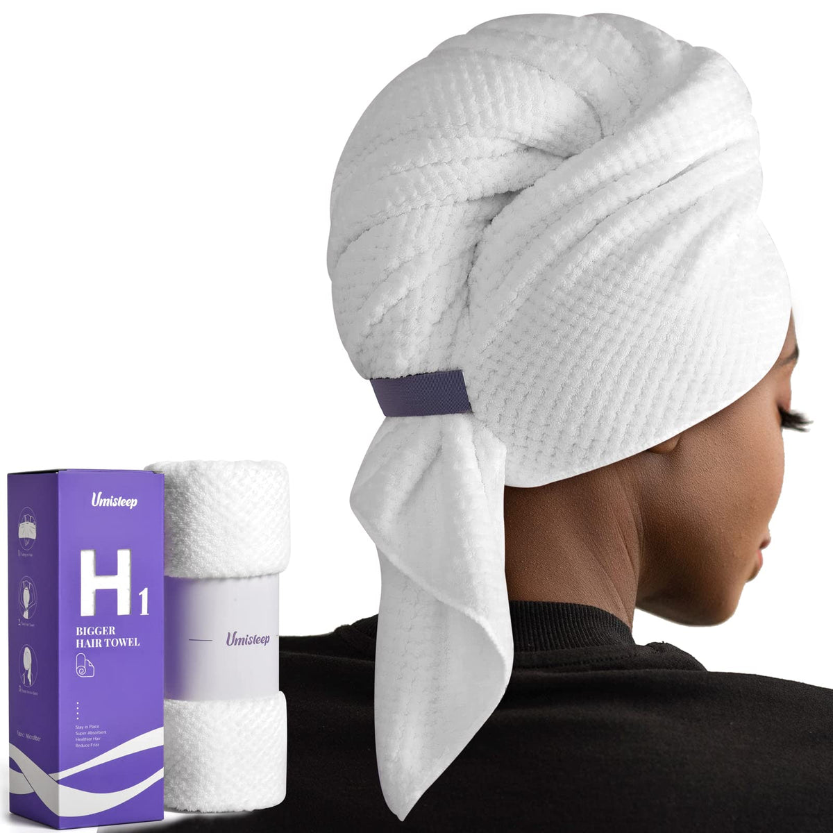 UmiSleep extra-large hair towel laid flat for fast drying of long hair.