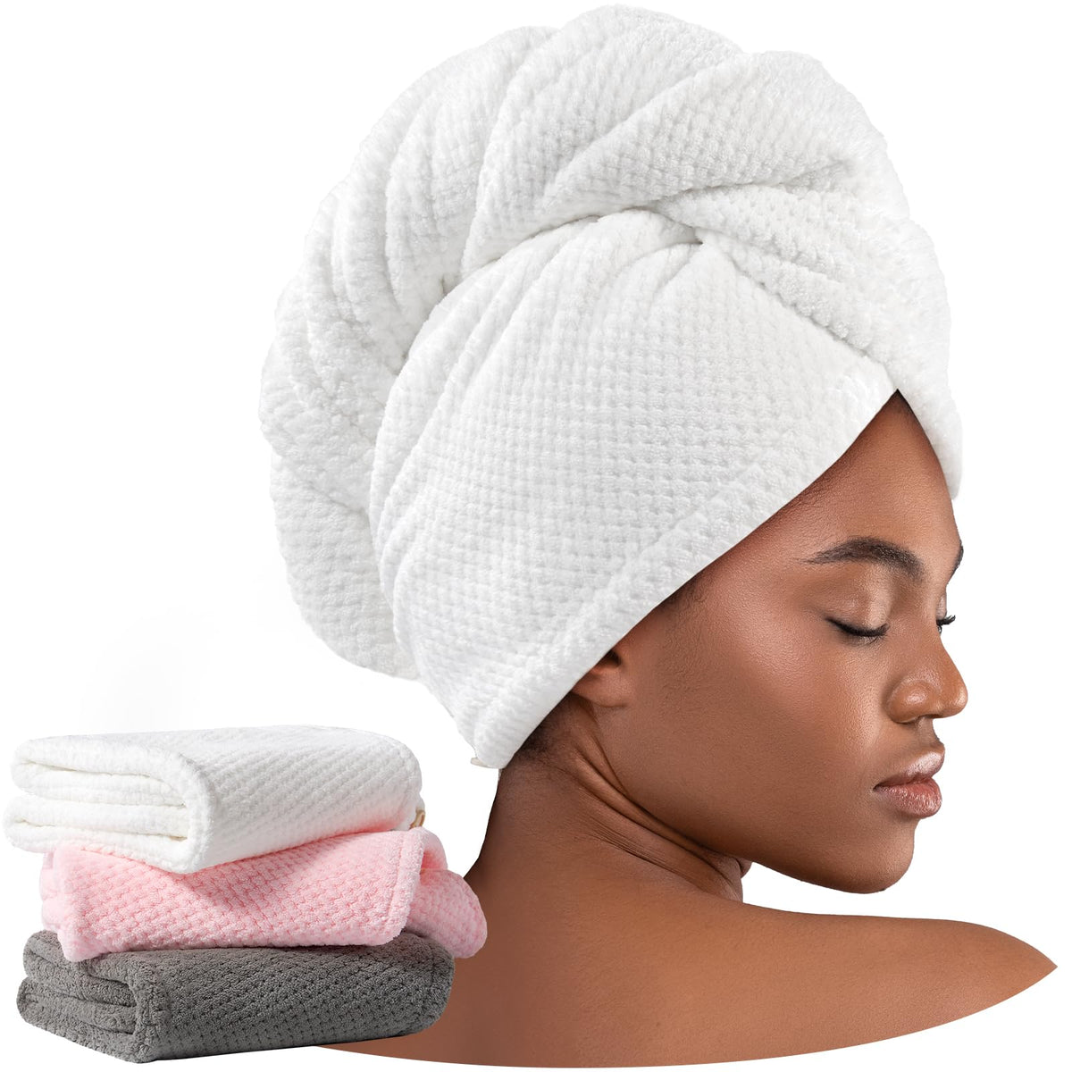 Umisleep grey microfiber hair towel wrap on head for fast drying.