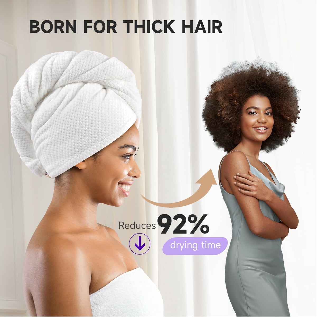 Umisleep white microfiber hair towel wrap on head for quick drying.