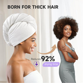 Umisleep white microfiber hair towel wrap on head for quick drying.
