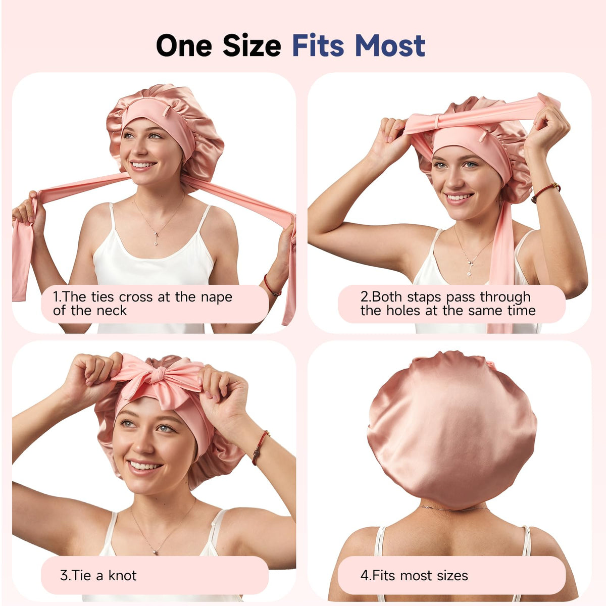 Umisleep silk bonnet's elastic tie-band fits various head sizes securely.