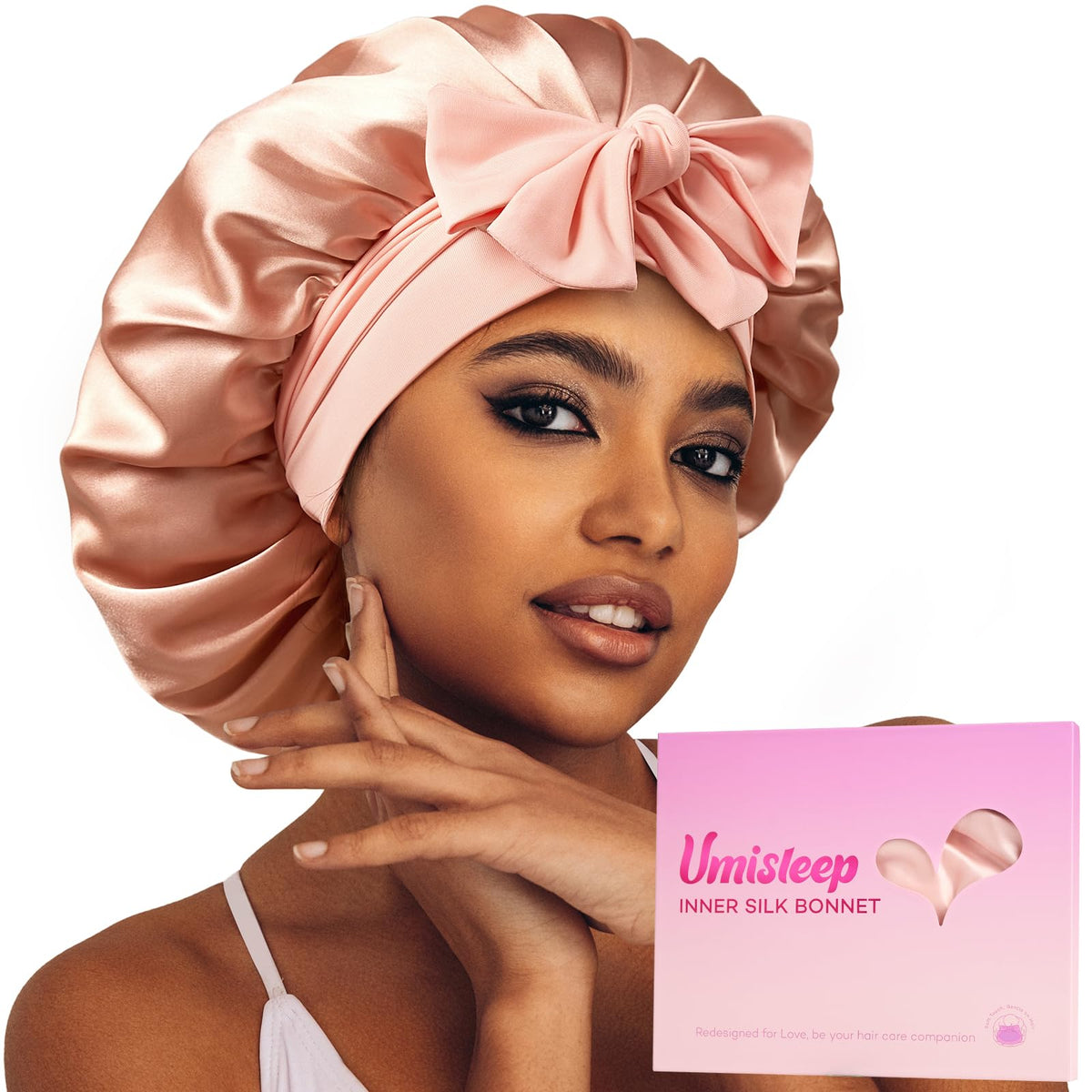 Umisleep silk bonnet with inner mulberry lining protects hair while you sleep.