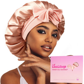 Umisleep silk bonnet with inner mulberry lining protects hair while you sleep.