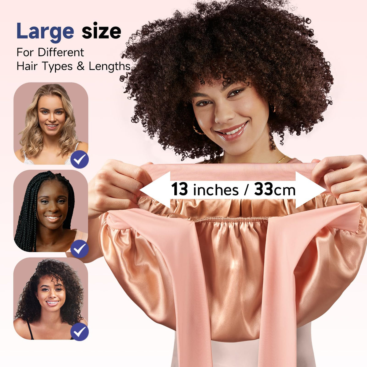 Umisleep silk bonnet features a large 13-inch interior for thick and curly hair.