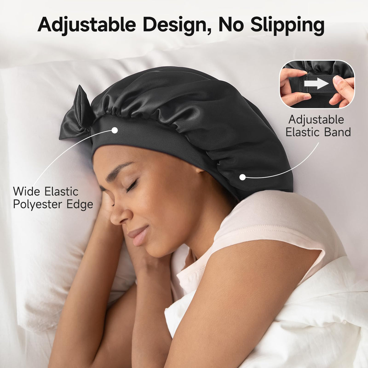 Large Umisleep silk bonnet size accommodates long hair and curls for mornings