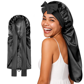Umisleep silk bonnet outer layer with satin finish protects hair and color overnight.