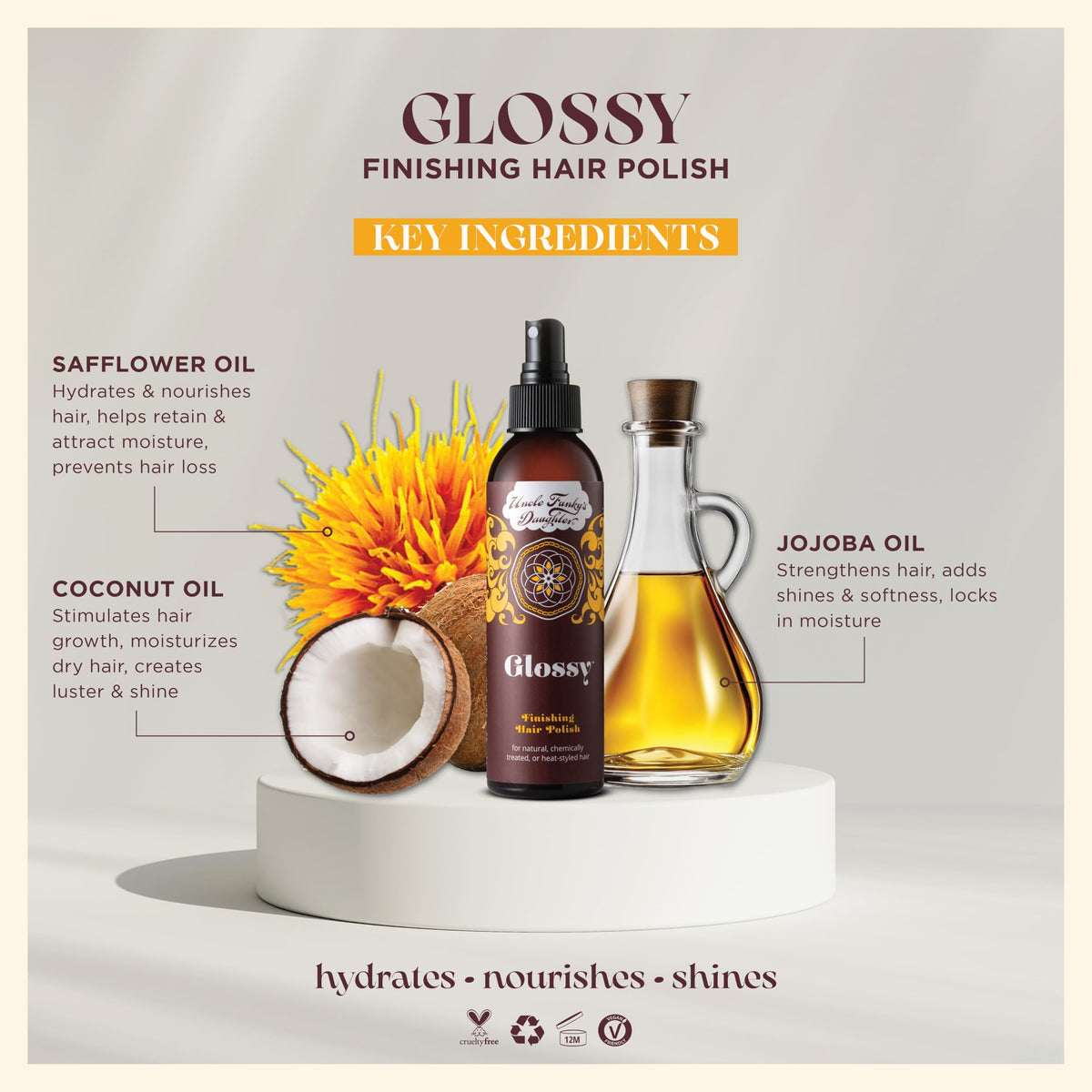 Uncle Funky's Daughter Glossy Finishing Hair Polish applied to hair creates a glassy finish.