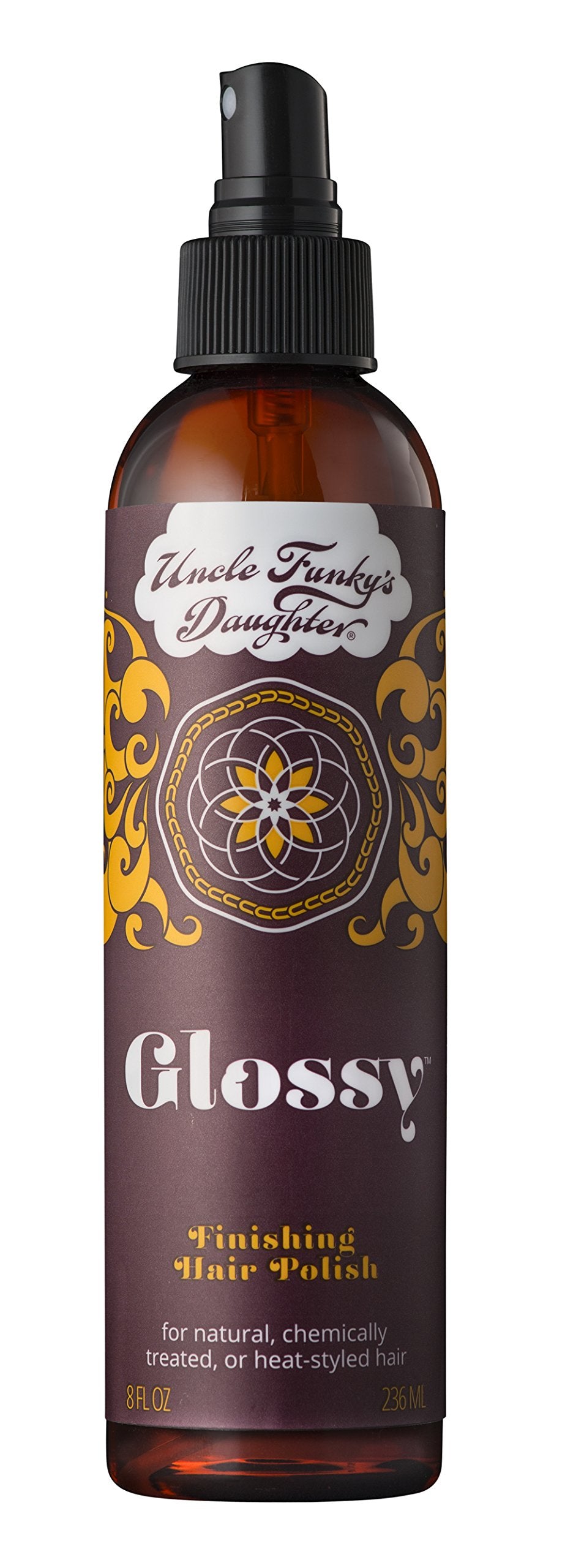 Uncle Funky's Daughter Glossy Finishing Hair Polish bottle adds lasting shine.
