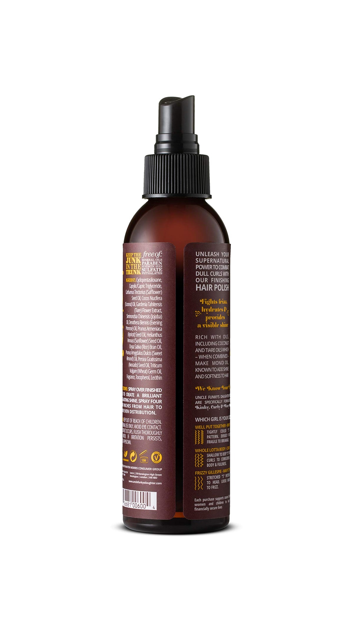 Uncle Funky's Daughter Glossy Finishing Hair Polish nourishes with oils for soft strands.