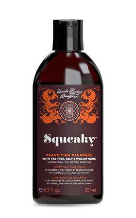 Uncle Funky’s Daughter Squeaky cleanser bottle shows clarifying formula for a refreshed scalp