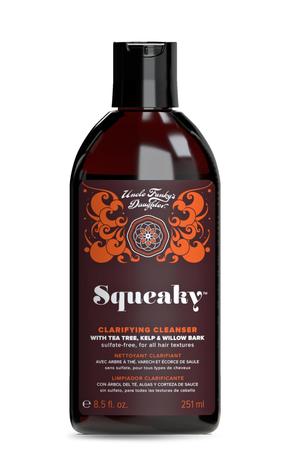 Uncle Funky’s Daughter Squeaky cleanser bottle shows clarifying formula for a refreshed scalp