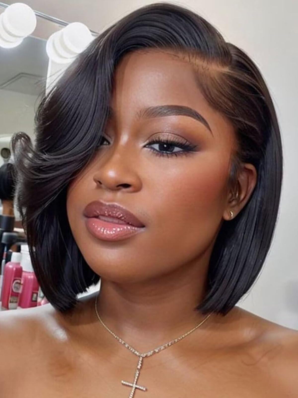 UNICE 12-inch short layered bob with side-swept bangs for daily, glue-free wear