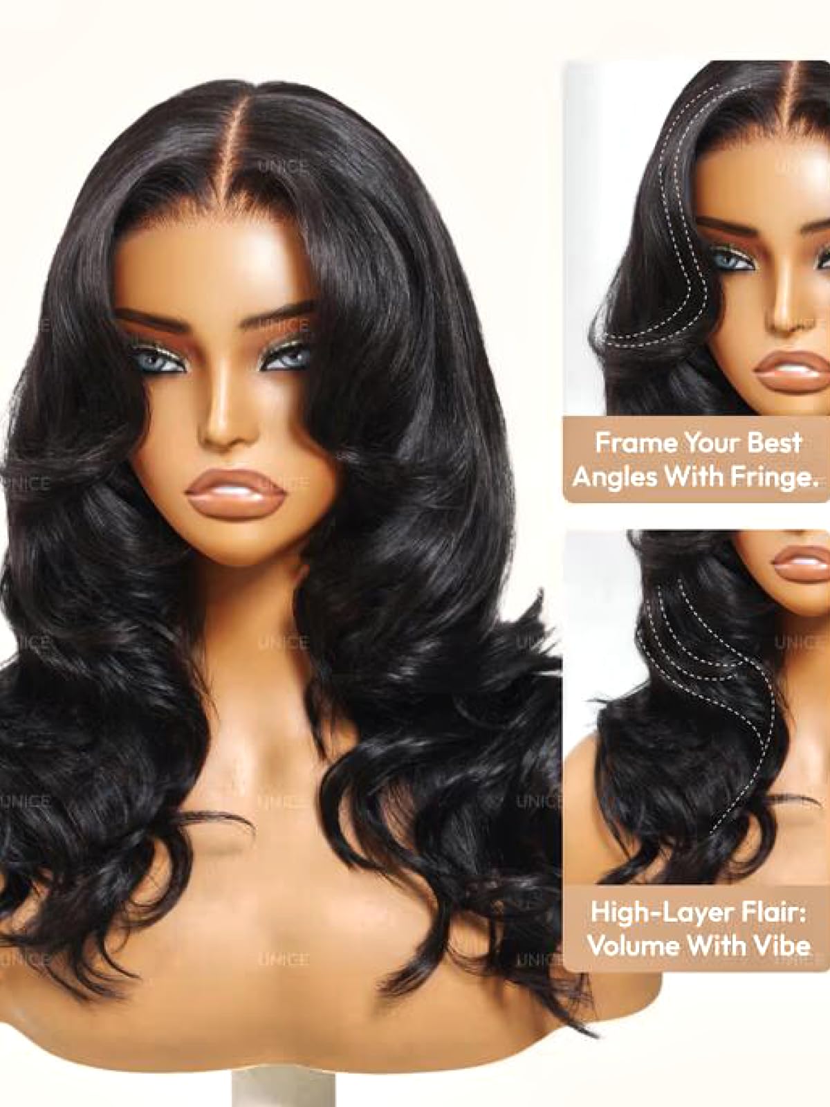 UNICE 180% density body wave wig for full, voluminous movement.