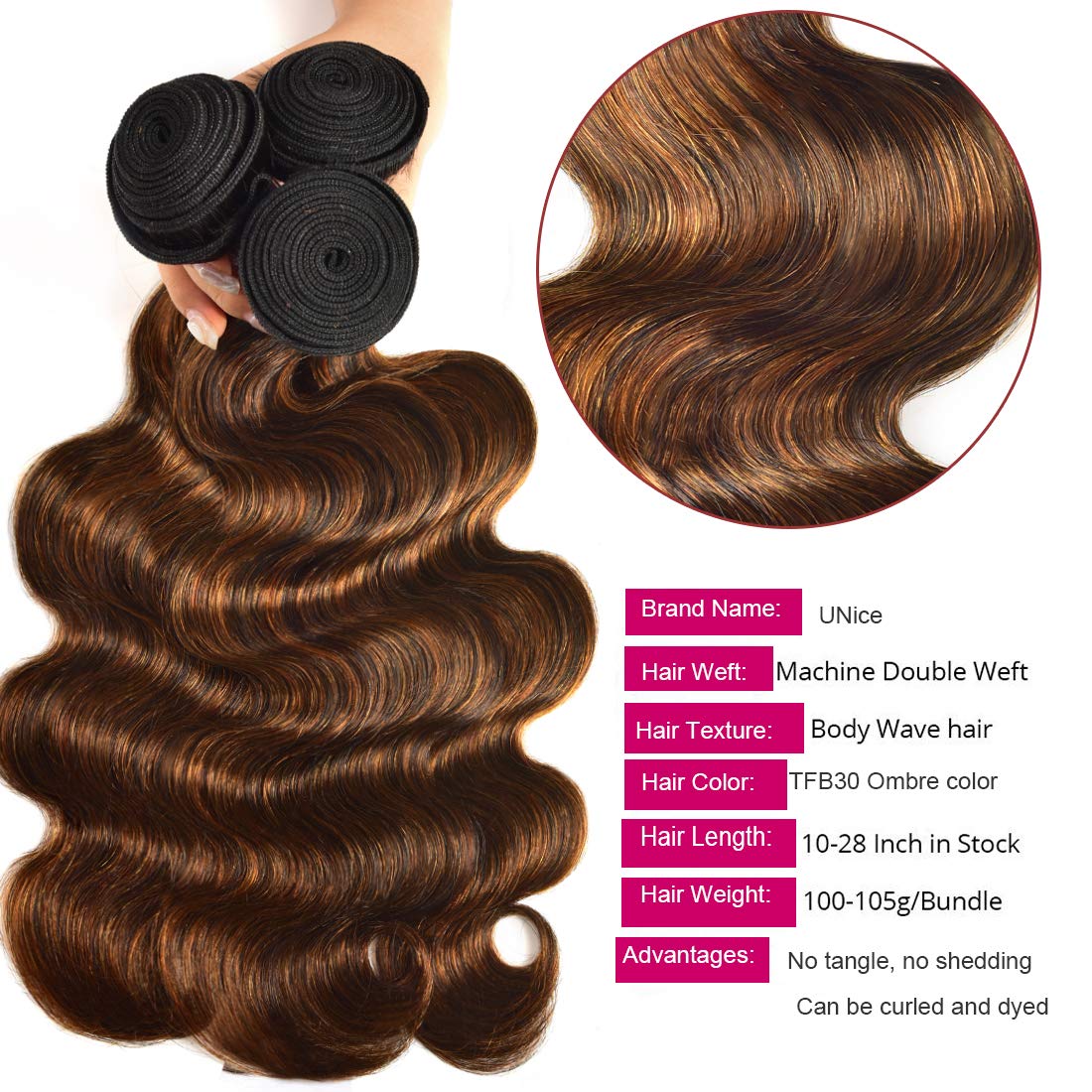UNICE Brown Highlight Body Wave 20-inch bundle; long waves with ombre shine.