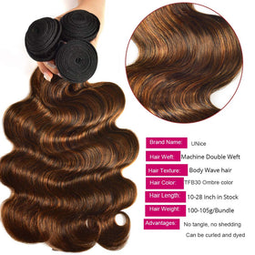 UNICE Brown Highlight Body Wave 20-inch bundle; long waves with ombre shine.