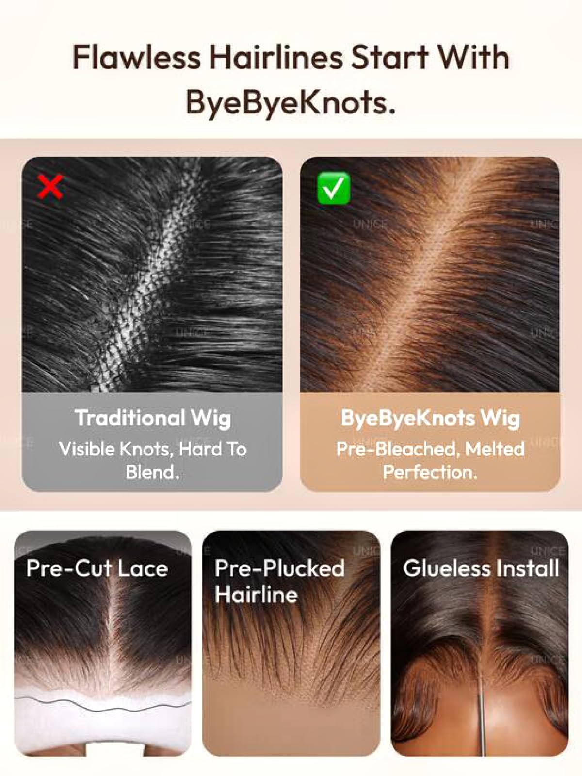 UNICE Bye Bye Slip 7x5 lace enables side and ponytail styles.