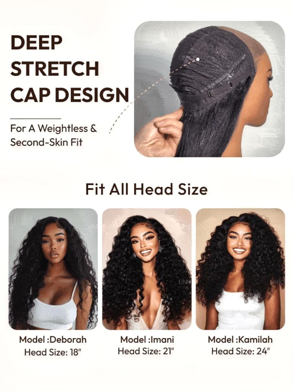UNICE Bye Bye Slip Wig Drawstring System enables quick, adjustable wear.