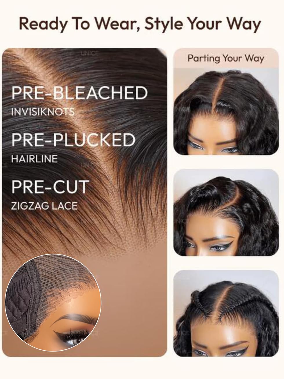 UNICE Bye Bye Slip Wig Wet Wave texture supports versatile styling.