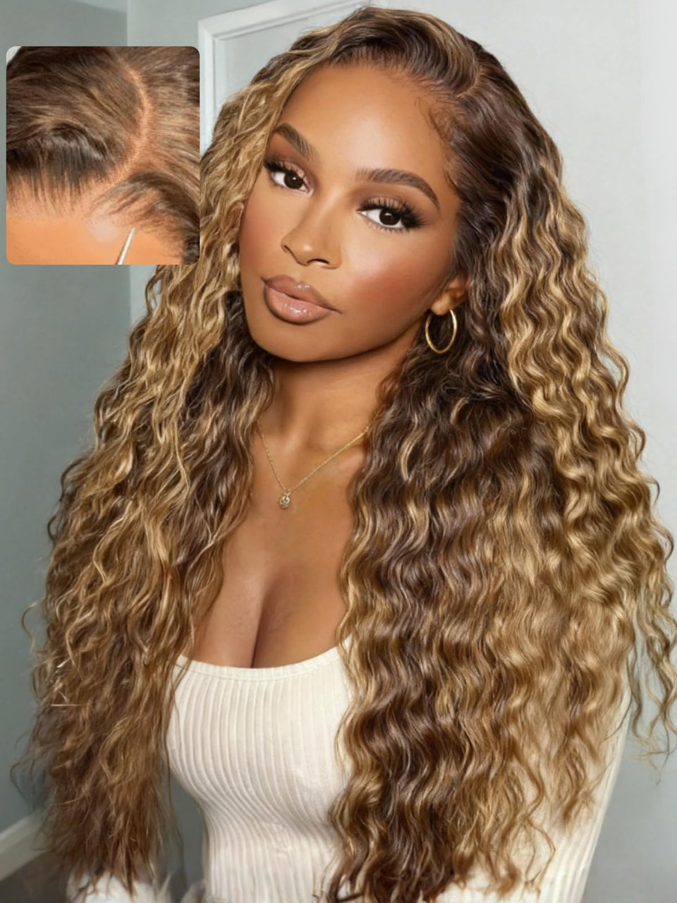 UNICE Water Wave wig in caramel brown with honey-blonde highlights, sun-kissed warmth.